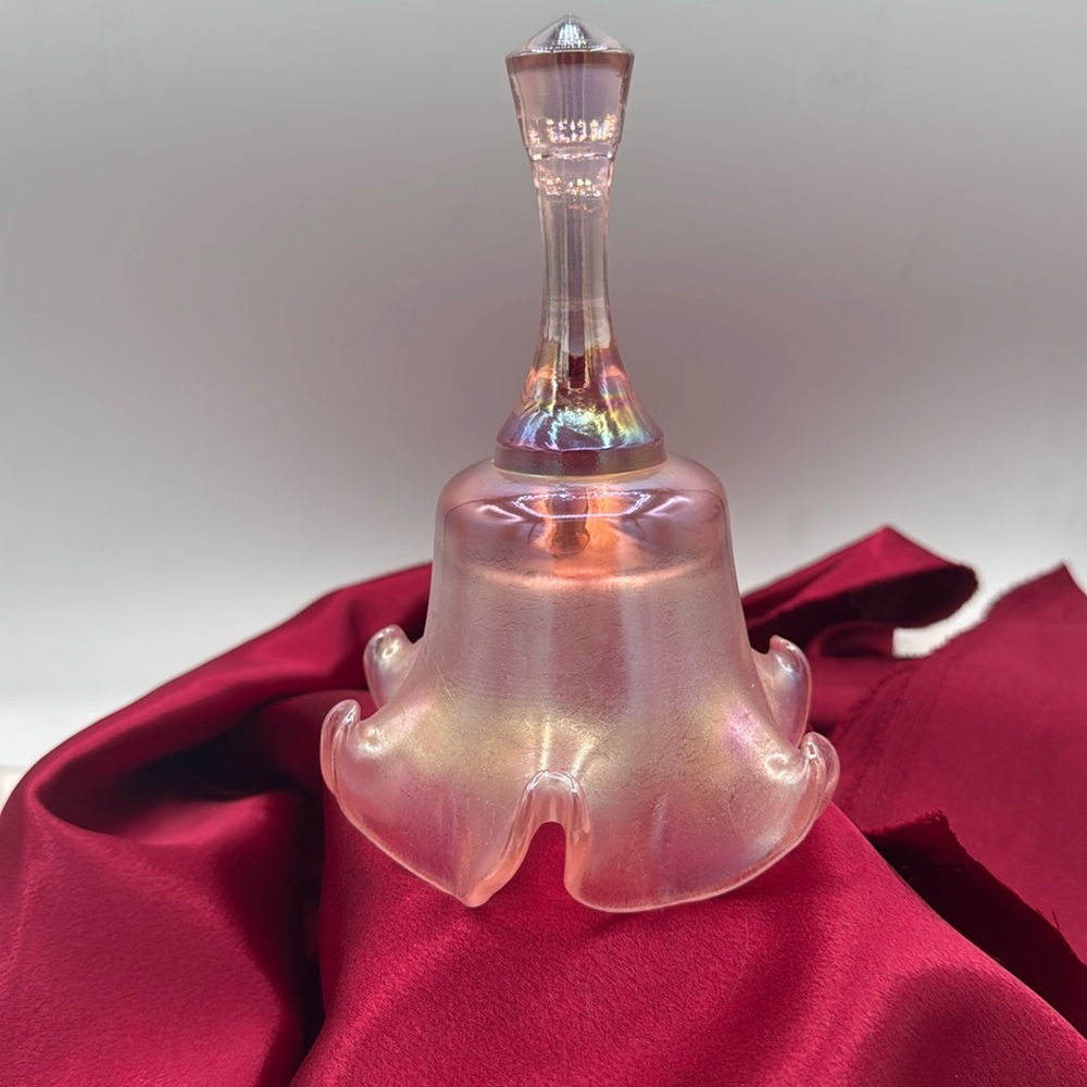 Elegant Iridescent Pink Glass Bell by Fenton, with original sticker.